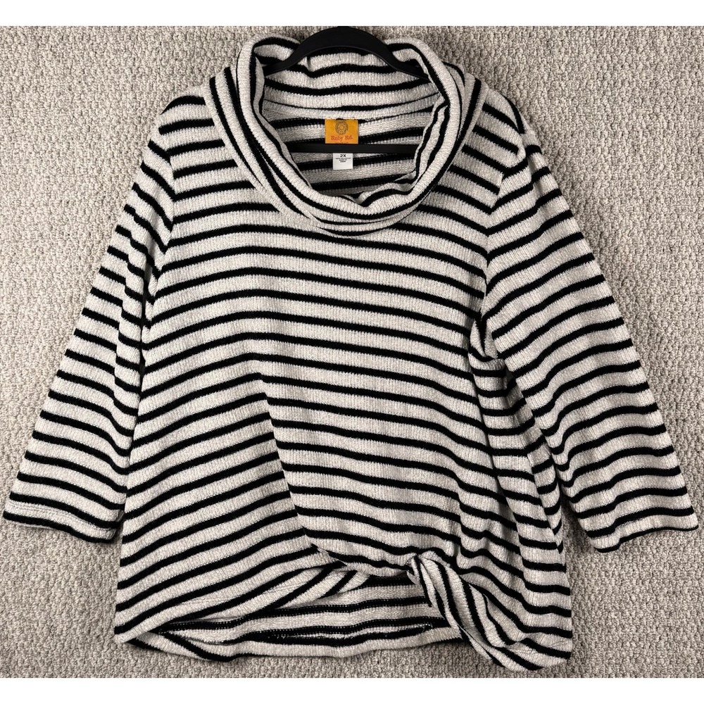 Ruby Rd Striped Cowl Neck Sweater 2X Black White Twist Front Plus Size Chenille